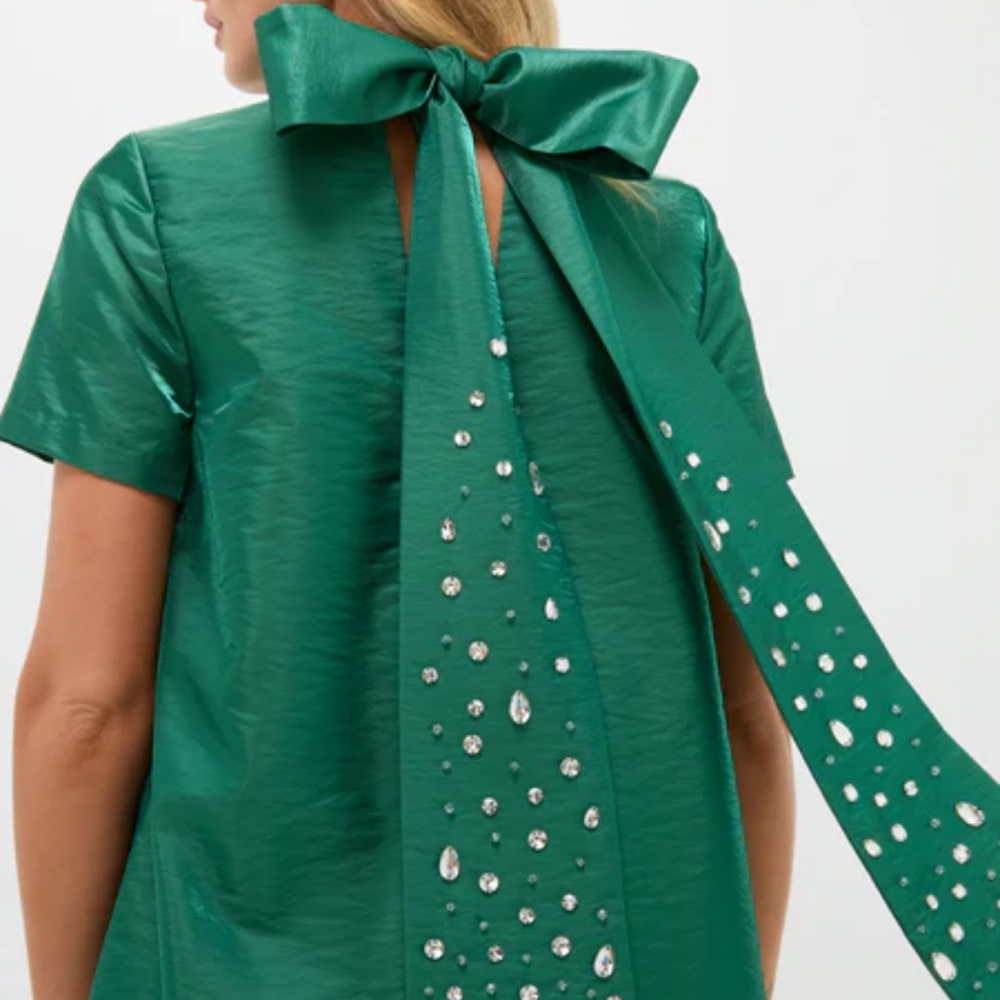 Emerald Green Mini Dress with Embellished Bow Back